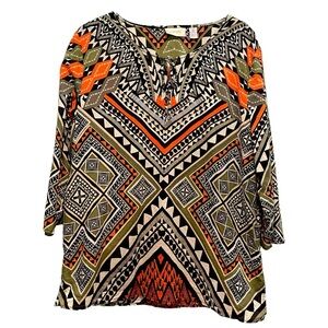 Chico's XL Geometric Crystal Beaded Tassel Tie Blouse (Size 3/XL)
